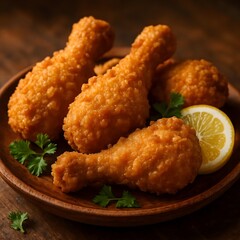 Crispy Fried Chicken Legs with Herbs and Lemon on Rustic Plate