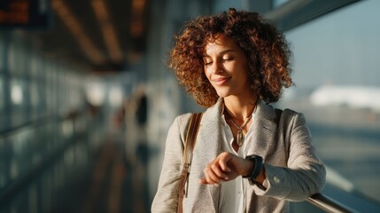 Businesswoman using smartwatch while walking through airport, on-the-go productivity, space for message