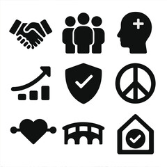 Rebuilding Trust Icons. Solid, filled icons set of rebuilding trust and connections: handshake icon, group