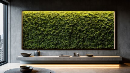 Contemporary wall art featuring a large framed moss display.