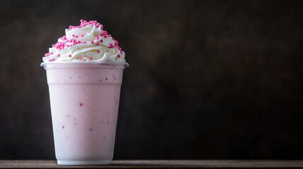 Delicious Pink Milkshake with Whipped Cream and Colorful Sprinkles