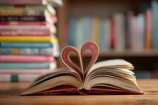 Love story book with open page of literature in heart shape and stack piles of textbooks on reading desk in library study room for education learning, and national library lovers month concept