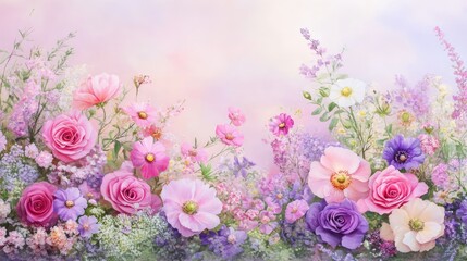 Delicate blooms in a dreamy color palette of pinks and purples, softly lit to create a peaceful and uplifting mood