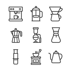 Coffee Brewing Icons. Outline icon set of Coffee Brewing Equipment: espresso machine, French press, pour-over dripper, Moka pot,