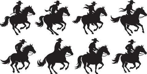 set of cowboy riding a running horse silhouette, black and white silhouette, vector and illustration