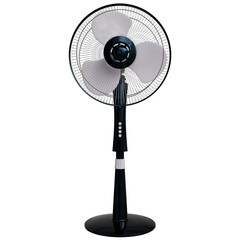 A black pedestal fan with three translucent blades, a circular base, and simple controls, is shown against a transparent background. The fan is sleek and modern in design