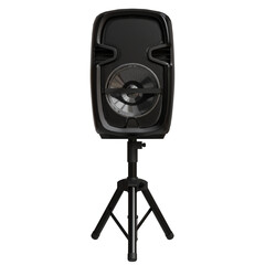 A black portable Bluetooth speaker on a small, adjustable tripod stand, featuring a single large...