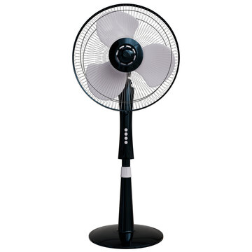 A black pedestal fan with three translucent blades, a circular base, and simple controls, is shown against a transparent background. The fan is sleek and modern in design