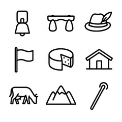 Alpine Herding Icons. Outline icon set of alpine herding traditions: weighted cowbell, wooden yoke, herdsman hat, pasture flag,