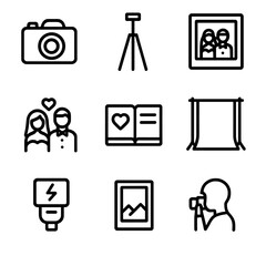 Anniversary Photo Icons. Outline icon set of anniversary photo session: camera, tripod, wedding photo, couple pose, photo album,