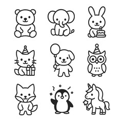 Animal Party Icons. Outline icon set of animal mascots for cards: cartoon bear, baby elephant, bunny with cake, party cat, puppy