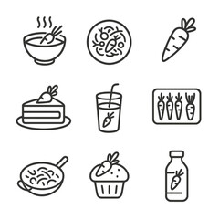 Carrot Recipe Icons. Outline icon set of Carrot Recipes and Dishes: carrot soup bowl, carrot salad plate, glazed carrot, carrot