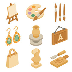 Art Fair Icon Set. Isometric Flat icon set of art and craft fair: easel display, paint palette, brush set, handcrafted jewelry,
