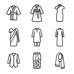 Asian Garments Icons. Outline icon set of Asian traditional garments: kimono, hanbok, cheongsam, sari, shalwar kameez, ao dai,