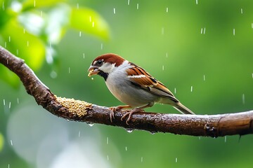 Sparrow on Rainy Branch Eats Seeds, Green Background, Cute Bird Wildlife