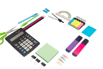 School and office supplies, pens, pencils, ruler, compass, calculator on a blue background.
