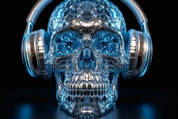 Metallic skull with headset, Futuristic music concept, Cyberpunk party or DJ poster element
