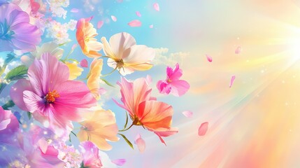 Pastel petals flutter in midair, silhouetted against a glowing springtime sky, evoking freshness and beauty