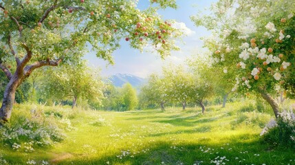 Fototapeta premium Orchard scene with plum-laden branches stretching over rows of green, a peaceful summer setting