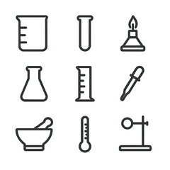 Basic Lab Icon Set. Outline icon set of Basic Lab Equipment: beaker, test tube, Bunsen burner, Erlenmeyer flask, graduated