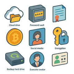 Digital Asset Icon Set. Isometric Flat icon set of digital asset planning: cloud drive icon, password vault, digital will file,