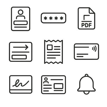 Digital Banking Icons. Outline icon set of digital banking forms: login screen mockup, OTP input field, e-statement PDF icon,