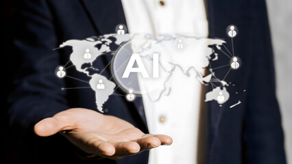 Person holding a holographic world map with ai technology connection points