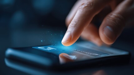 Close-up of hand tapping mobile banking app, digital economy concept, space for promo message