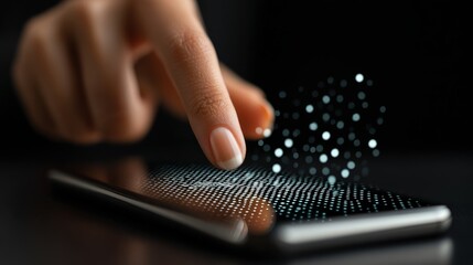 Close-up of hand tapping mobile banking app, digital economy concept, space for promo message