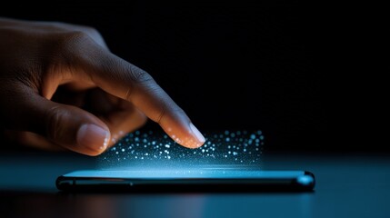 Close-up of hand tapping mobile banking app, digital economy concept, space for promo message