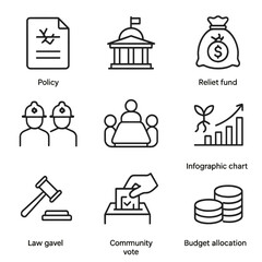 Drought Policy Icons Set. Outline icon set of drought-responsive policy and planning: policy document, government building, relief