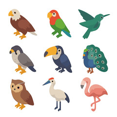 Fototapeta premium Isometric Bird Icon Set. Isometric Flat icon set of avian fauna: eagle, parrot, hummingbird, falcon, toucan, peacock, owl, crane,