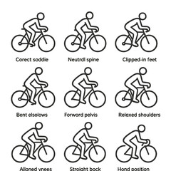 Obraz premium Cycling Posture Icons. Outline icon set of cycling posture and form: correct saddle height, neutral spine, bent elbows, clipped-in