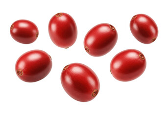 Several dark red coffee berries, plump, ripe, and textured, suspended weightlessly against a pristine pure white background with soft studio lighting, concept of natural, unadulterated ingredients.