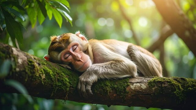 A tranquil monkey rests peacefully on a moss-covered tree branch, basking in the warm sunlight filtering through the lush green leaves, the animal epitomizes the serenity of nature.