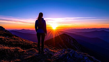 Obraz premium Silhouette of Woman Watching Sunrise Over Majestic Mountain Range