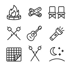 Bonfire Gathering Icons. Outline icon set of Bonfire gathering: firepit, logs, camp chairs, roasting sticks, guitar, flashlight,