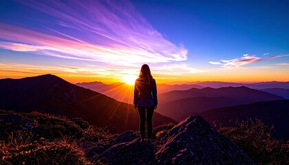 Fototapeta premium Silhouette of a Woman at Sunset Over Majestic Mountain Range