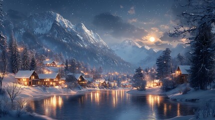 Fototapeta premium Winter village by snow covered lake at night