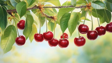 Sun-kissed cherries hanging from branches in neat clusters, their bright red tones contrasting with deep green leaves