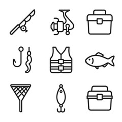 Naklejka na ściany i meble Fishing Tools Icons. Outline icon set of Fishing and angling tools: fishing rod, reel, tackle box, bait hook, life vest, fish