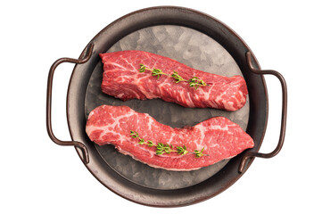 Raw Tri Tip Steak from Black Angus beef meat in stell tray isolated on white background