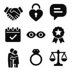 Trust Icons Collection. Solid, filled icons set of building trust in relationships: handshake, heart lock,