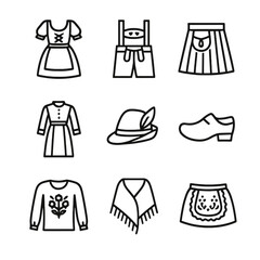 European Folk Costume Icons. Outline icon set of European folk costumes: dirndl, lederhosen, kilt, bunad, tracht hat, clogs,