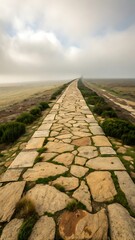 Ancient Stone Path Through Misty Landscape long, paved