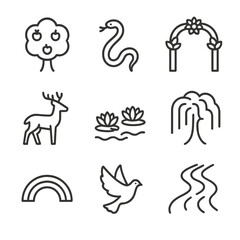 Fototapeta premium Garden of Eden Icons. Outline icon set of Garden of Eden Paradise: apple tree, serpent, floral arch, deer silhouette, lily pond,