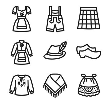 European Folk Costume Icons. Outline icon set of European folk costumes: dirndl, lederhosen, kilt, bunad, tracht hat, clogs,
