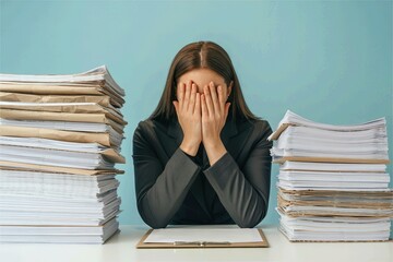 woman cover face in stress between high document pile