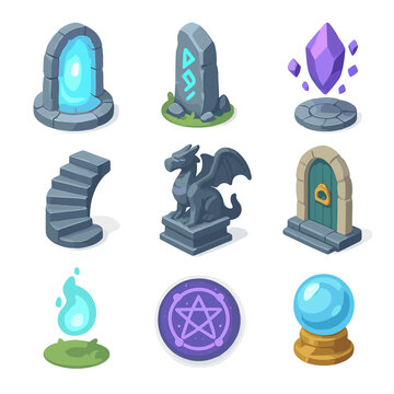 Fantasy Portal Icon Set. Isometric Flat icon set of fantasy portal pathway: glowing magic portal, runestone pillar, floating