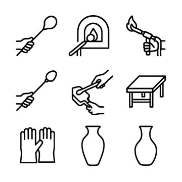 Glassblowing Icon Set. Outline icon set of hands glassblowing: blowpipe, molten glass, furnace, bench torch, punty rod, shaping